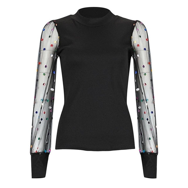 Women Spring Mesh Puff Long Sleeve Ribbed Knitted Shirt Loose Casual Polka Dots Blouse Tops Elegant Turtleneck Party Clubwear