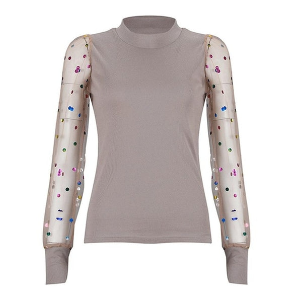 Women Spring Mesh Puff Long Sleeve Ribbed Knitted Shirt Loose Casual Polka Dots Blouse Tops Elegant Turtleneck Party Clubwear