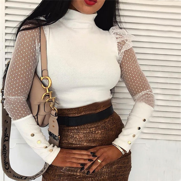 Women Spring Mesh Puff Long Sleeve Ribbed Knitted Shirt Loose Casual Polka Dots Blouse Tops Elegant Turtleneck Party Clubwear