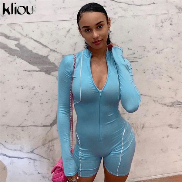 Kliou  women fashion playsuit full sleeve zipper fly reflective striped patchwork rompers 2019 female elastic skinny bodysuits
