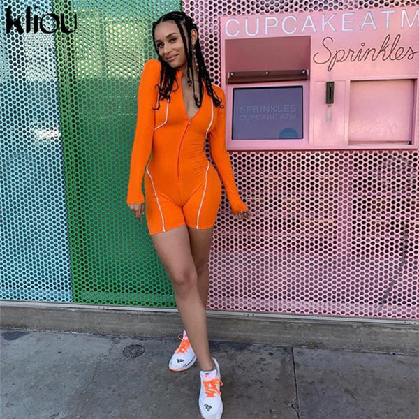 Kliou  women fashion playsuit full sleeve zipper fly reflective striped patchwork rompers 2019 female elastic skinny bodysuits