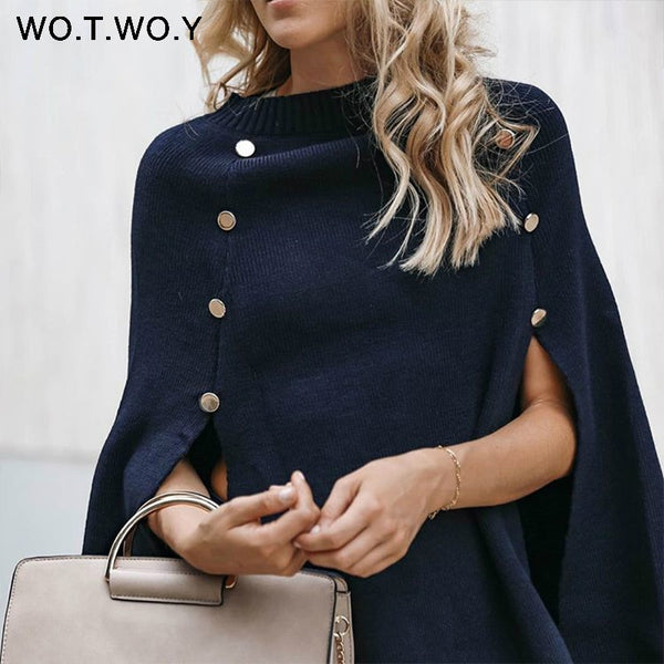 WOTWOY 2020 Knitted Cloak Sweater Women Casual Loose Shawl Autumn Winter Streetwear Poncho Women Sweater And Pullovers Plus Size
