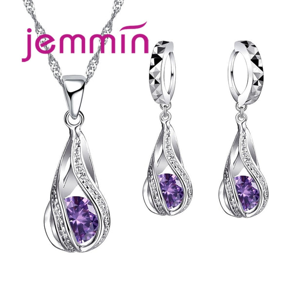Free Shipping Top Quality 925 Sterling Silver Wedding Party Jewelry Sets Multiple Color Crystals Pendant Necklace Earrings
