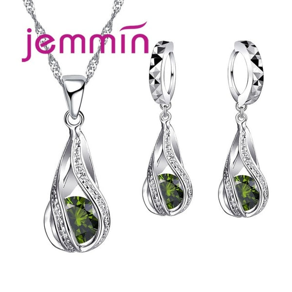 Free Shipping Top Quality 925 Sterling Silver Wedding Party Jewelry Sets Multiple Color Crystals Pendant Necklace Earrings