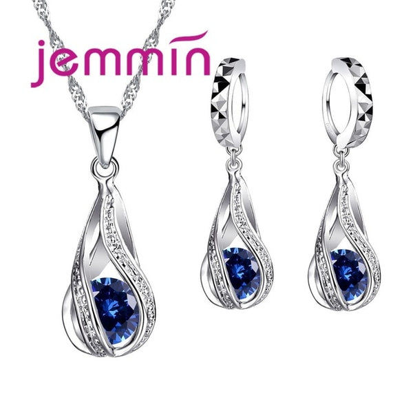 Free Shipping Top Quality 925 Sterling Silver Wedding Party Jewelry Sets Multiple Color Crystals Pendant Necklace Earrings