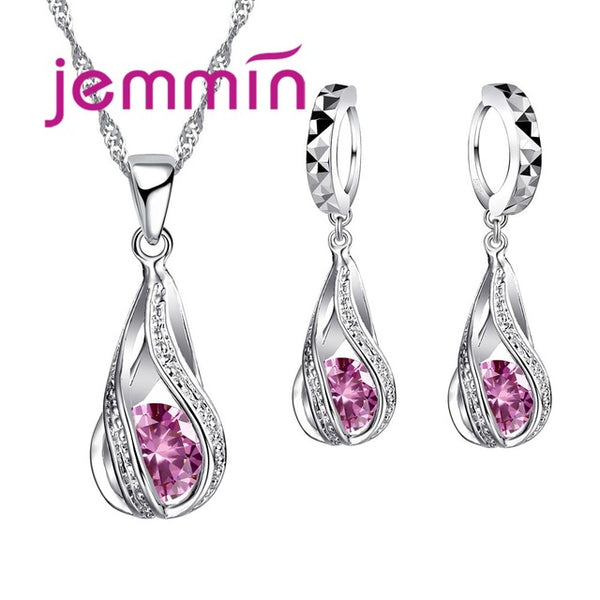Free Shipping Top Quality 925 Sterling Silver Wedding Party Jewelry Sets Multiple Color Crystals Pendant Necklace Earrings