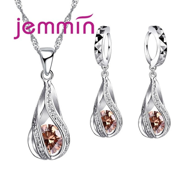 Free Shipping Top Quality 925 Sterling Silver Wedding Party Jewelry Sets Multiple Color Crystals Pendant Necklace Earrings