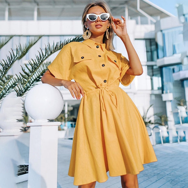 Affogatoo Vintage elagant women mini shirt dress Casual lantern sleeve short dress Turndown collar lace up linen female dresses