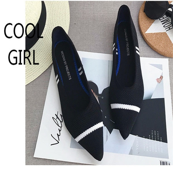 2019 Women's Flat Shoes Ballet Shoes Breathable Knit Pointed Shoes Moccasin Mixed Color Women's Soft Shoes Women Zapatos De