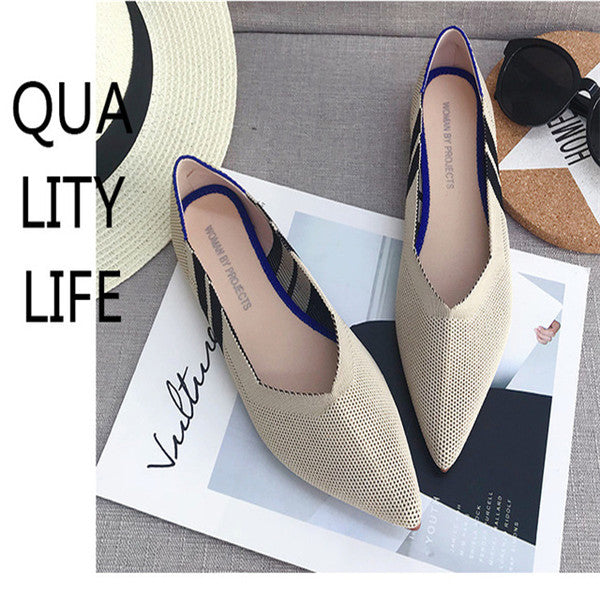 2019 Women's Flat Shoes Ballet Shoes Breathable Knit Pointed Shoes Moccasin Mixed Color Women's Soft Shoes Women Zapatos De