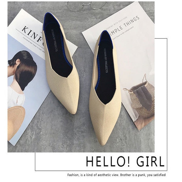 2019 Women's Flat Shoes Ballet Shoes Breathable Knit Pointed Shoes Moccasin Mixed Color Women's Soft Shoes Women Zapatos De