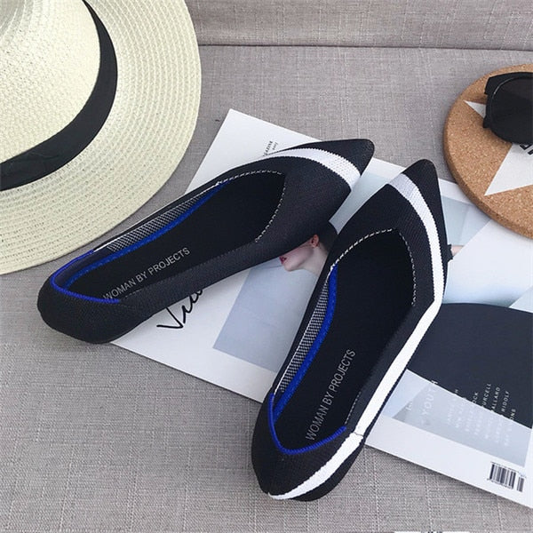 2019 Women's Flat Shoes Ballet Shoes Breathable Knit Pointed Shoes Moccasin Mixed Color Women's Soft Shoes Women Zapatos De