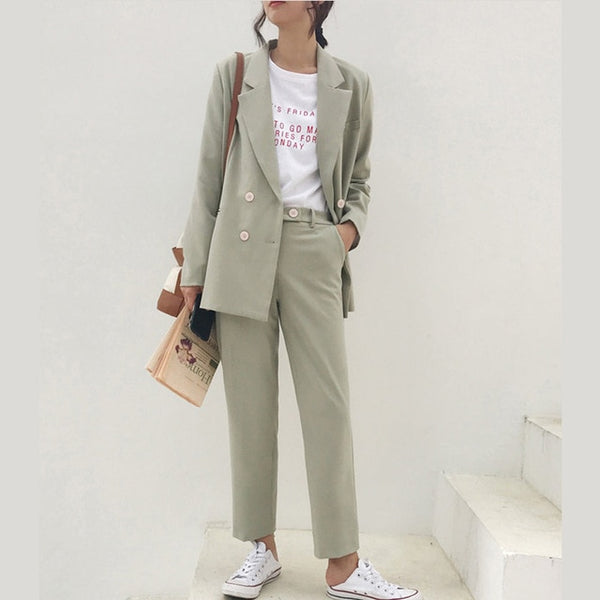 Vintage Autumn Winter Thicken Women Pant Suit Light Green Notched Blazer Jacket & Pant 2019 Office Wear Women Suits Female Sets
