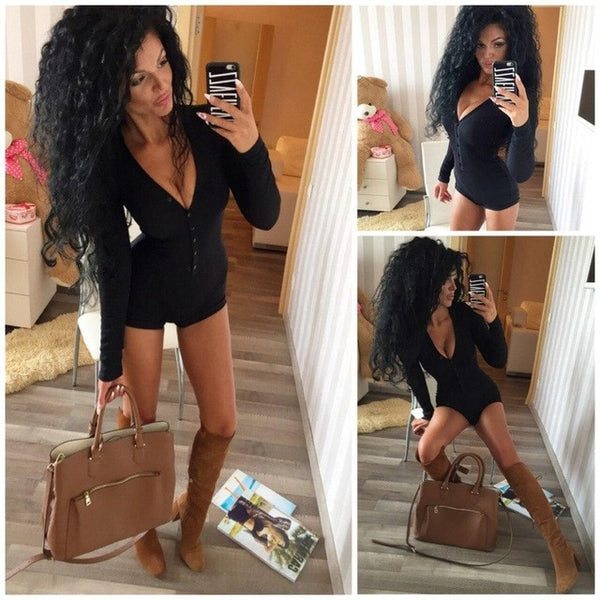Sexy Women Bodysuit Long Sleeve Deep V Neck Bodycon Stretch Leotard Crop Tops Button Short Romper Pajamas Women Onesies Jumpsuit