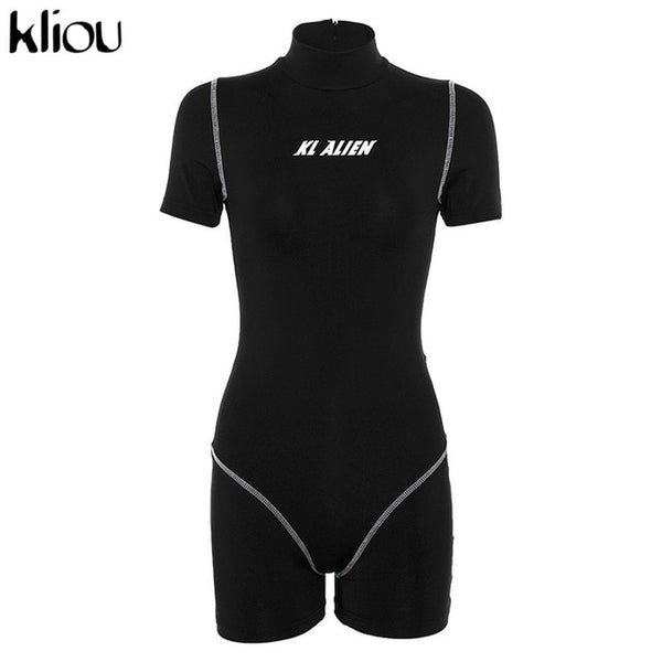 Kliou women skinny bodysuit short sleeve playsuit Reflective letter print rompers 2019 female turtleneck fashion casual bodysuit