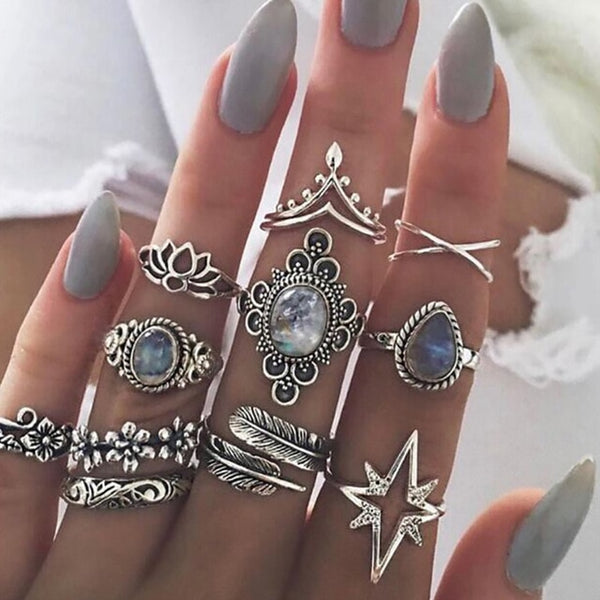 15 Pcs/set Bohemian Retro Crystal Flower Leaves Hollow Lotus Gem Silver Ring Set Women Wedding Anniversary Gift