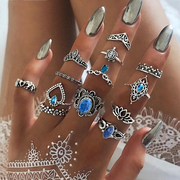 15 Pcs/set Bohemian Retro Crystal Flower Leaves Hollow Lotus Gem Silver Ring Set Women Wedding Anniversary Gift