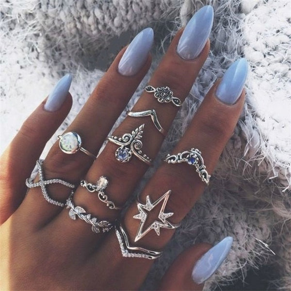 15 Pcs/set Bohemian Retro Crystal Flower Leaves Hollow Lotus Gem Silver Ring Set Women Wedding Anniversary Gift