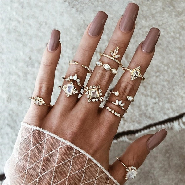 15 Pcs/set Bohemian Retro Crystal Flower Leaves Hollow Lotus Gem Silver Ring Set Women Wedding Anniversary Gift