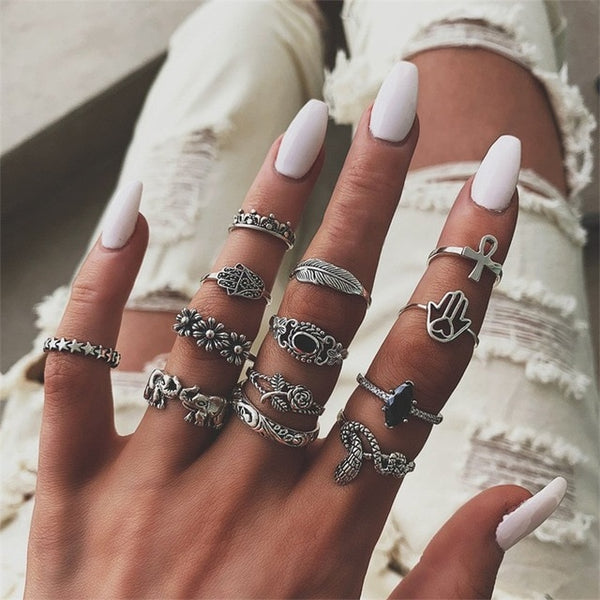 15 Pcs/set Bohemian Retro Crystal Flower Leaves Hollow Lotus Gem Silver Ring Set Women Wedding Anniversary Gift