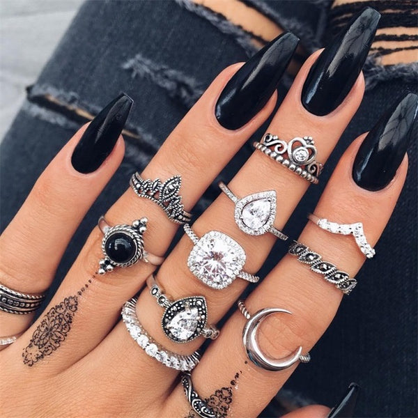 15 Pcs/set Bohemian Retro Crystal Flower Leaves Hollow Lotus Gem Silver Ring Set Women Wedding Anniversary Gift