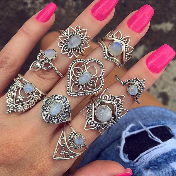 15 Pcs/set Bohemian Retro Crystal Flower Leaves Hollow Lotus Gem Silver Ring Set Women Wedding Anniversary Gift