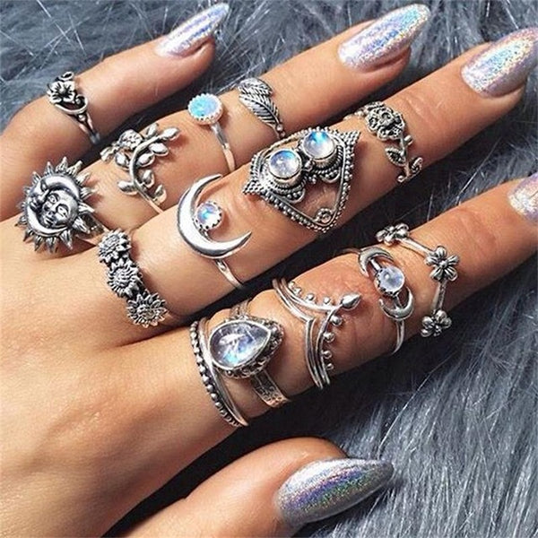 15 Pcs/set Bohemian Retro Crystal Flower Leaves Hollow Lotus Gem Silver Ring Set Women Wedding Anniversary Gift