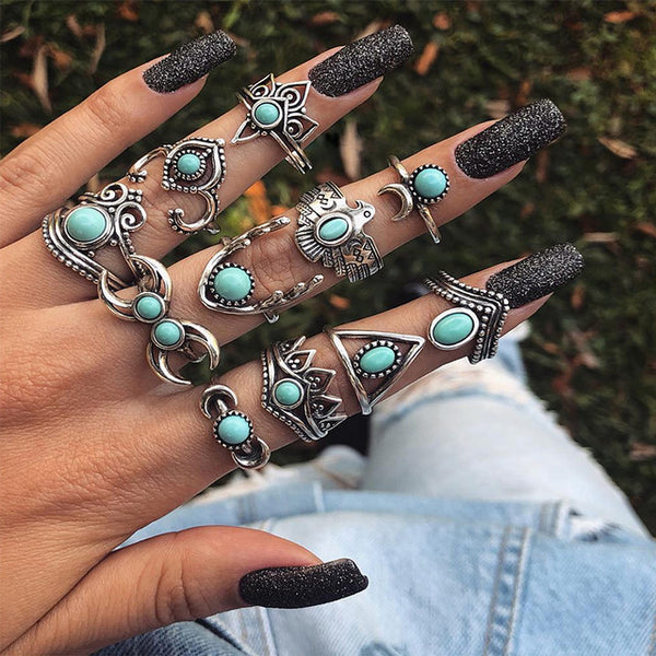 15 Pcs/set Bohemian Retro Crystal Flower Leaves Hollow Lotus Gem Silver Ring Set Women Wedding Anniversary Gift