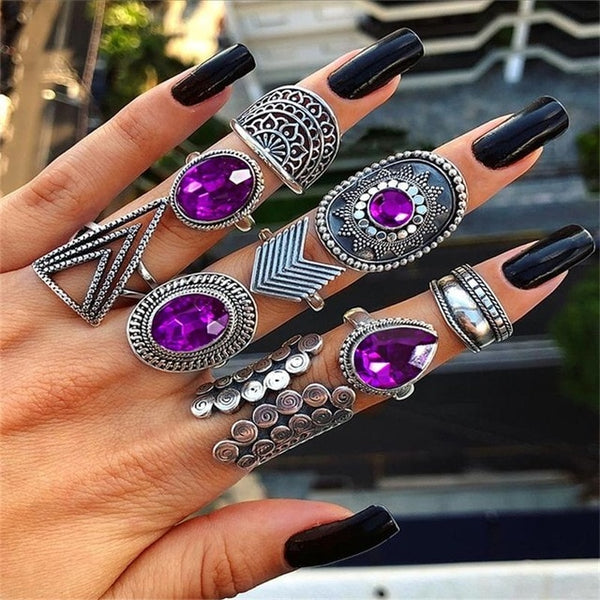 15 Pcs/set Bohemian Retro Crystal Flower Leaves Hollow Lotus Gem Silver Ring Set Women Wedding Anniversary Gift