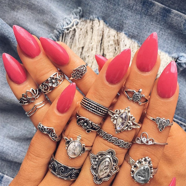 15 Pcs/set Bohemian Retro Crystal Flower Leaves Hollow Lotus Gem Silver Ring Set Women Wedding Anniversary Gift