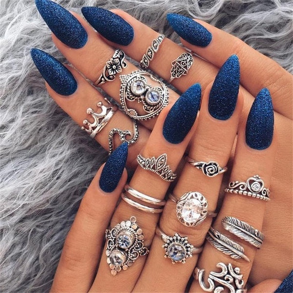 15 Pcs/set Bohemian Retro Crystal Flower Leaves Hollow Lotus Gem Silver Ring Set Women Wedding Anniversary Gift