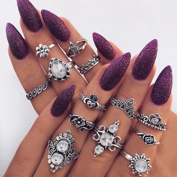 15 Pcs/set Bohemian Retro Crystal Flower Leaves Hollow Lotus Gem Silver Ring Set Women Wedding Anniversary Gift