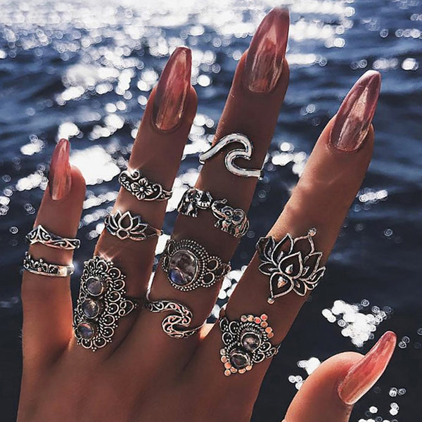 15 Pcs/set Bohemian Retro Crystal Flower Leaves Hollow Lotus Gem Silver Ring Set Women Wedding Anniversary Gift