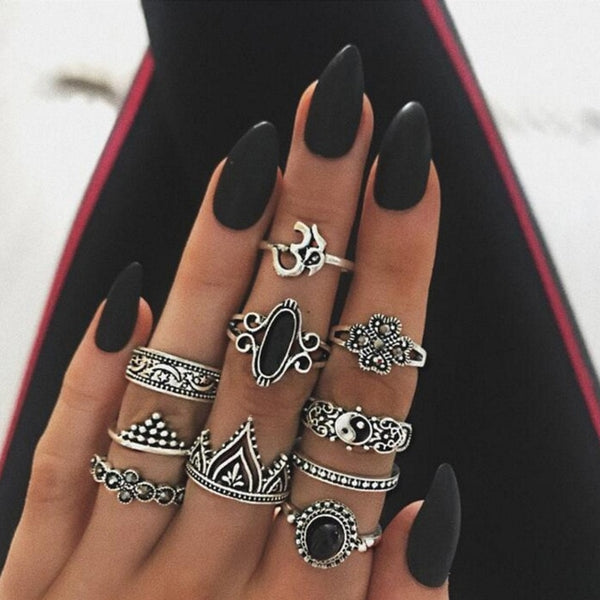 15 Pcs/set Bohemian Retro Crystal Flower Leaves Hollow Lotus Gem Silver Ring Set Women Wedding Anniversary Gift