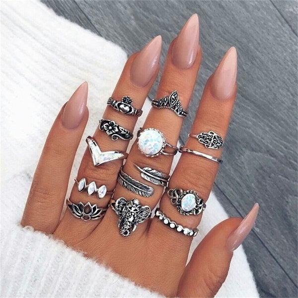 15 Pcs/set Bohemian Retro Crystal Flower Leaves Hollow Lotus Gem Silver Ring Set Women Wedding Anniversary Gift
