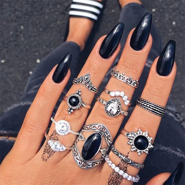 15 Pcs/set Bohemian Retro Crystal Flower Leaves Hollow Lotus Gem Silver Ring Set Women Wedding Anniversary Gift