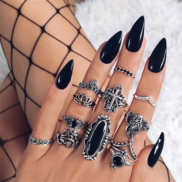 15 Pcs/set Bohemian Retro Crystal Flower Leaves Hollow Lotus Gem Silver Ring Set Women Wedding Anniversary Gift