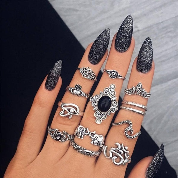 15 Pcs/set Bohemian Retro Crystal Flower Leaves Hollow Lotus Gem Silver Ring Set Women Wedding Anniversary Gift