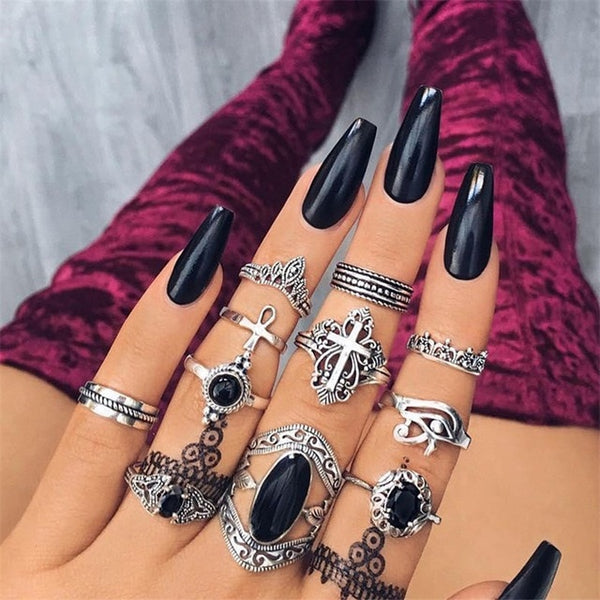 15 Pcs/set Bohemian Retro Crystal Flower Leaves Hollow Lotus Gem Silver Ring Set Women Wedding Anniversary Gift