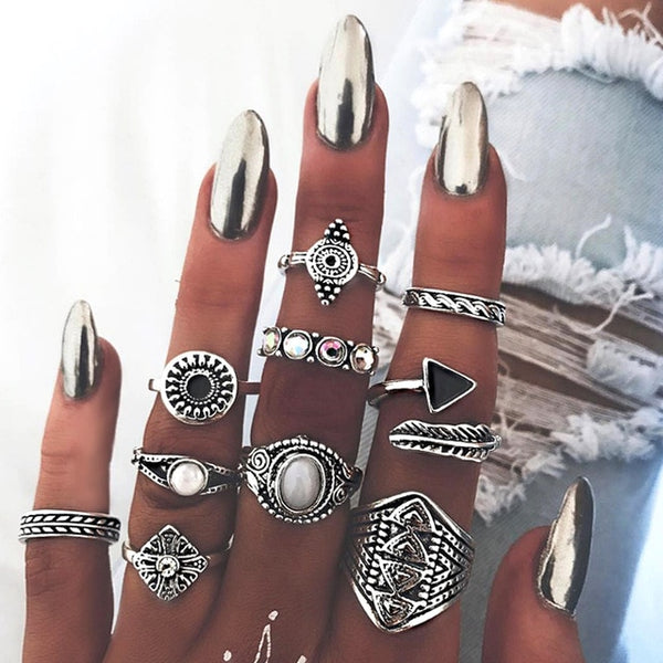 15 Pcs/set Bohemian Retro Crystal Flower Leaves Hollow Lotus Gem Silver Ring Set Women Wedding Anniversary Gift