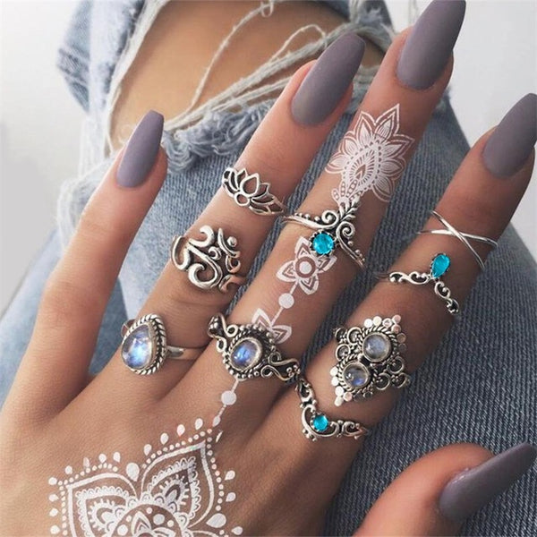15 Pcs/set Bohemian Retro Crystal Flower Leaves Hollow Lotus Gem Silver Ring Set Women Wedding Anniversary Gift