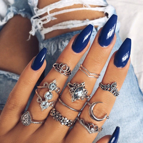 15 Pcs/set Bohemian Retro Crystal Flower Leaves Hollow Lotus Gem Silver Ring Set Women Wedding Anniversary Gift
