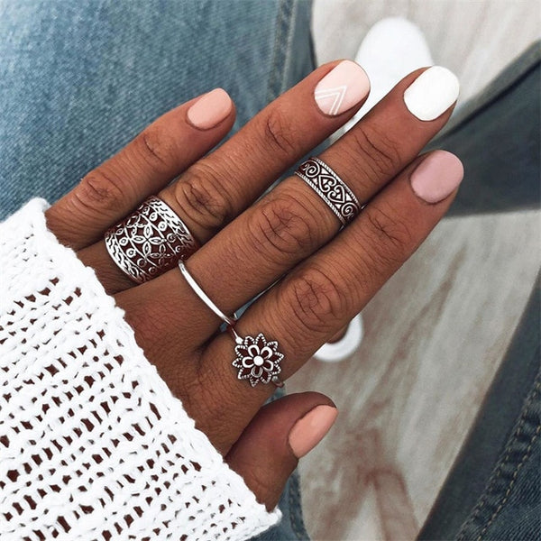 15 Pcs/set Bohemian Retro Crystal Flower Leaves Hollow Lotus Gem Silver Ring Set Women Wedding Anniversary Gift
