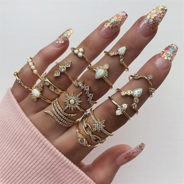 15 Pcs/set Bohemian Retro Crystal Flower Leaves Hollow Lotus Gem Silver Ring Set Women Wedding Anniversary Gift
