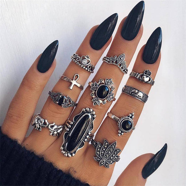 15 Pcs/set Bohemian Retro Crystal Flower Leaves Hollow Lotus Gem Silver Ring Set Women Wedding Anniversary Gift