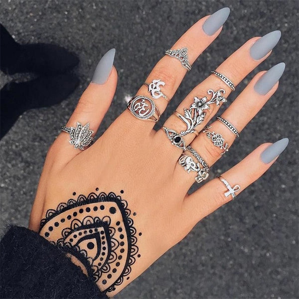 15 Pcs/set Bohemian Retro Crystal Flower Leaves Hollow Lotus Gem Silver Ring Set Women Wedding Anniversary Gift
