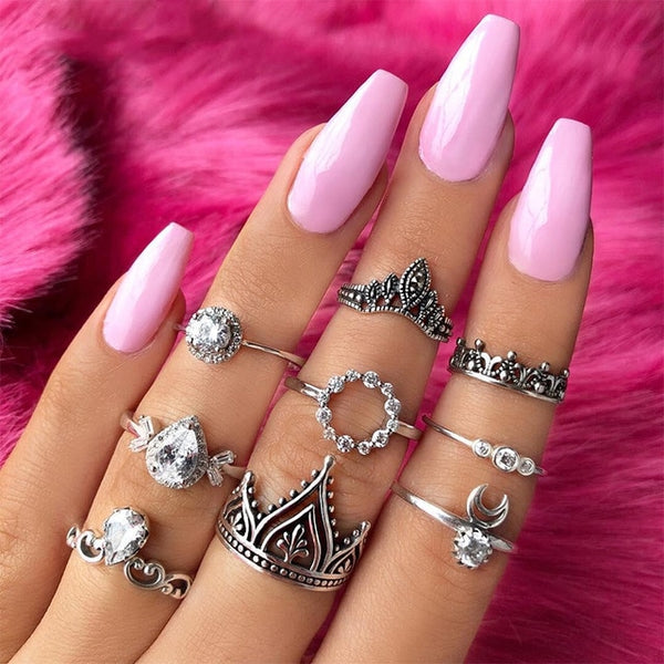 15 Pcs/set Bohemian Retro Crystal Flower Leaves Hollow Lotus Gem Silver Ring Set Women Wedding Anniversary Gift