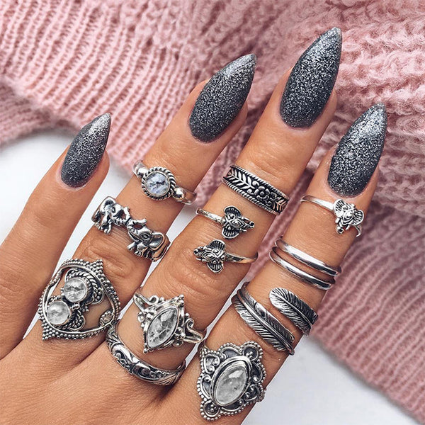 15 Pcs/set Bohemian Retro Crystal Flower Leaves Hollow Lotus Gem Silver Ring Set Women Wedding Anniversary Gift