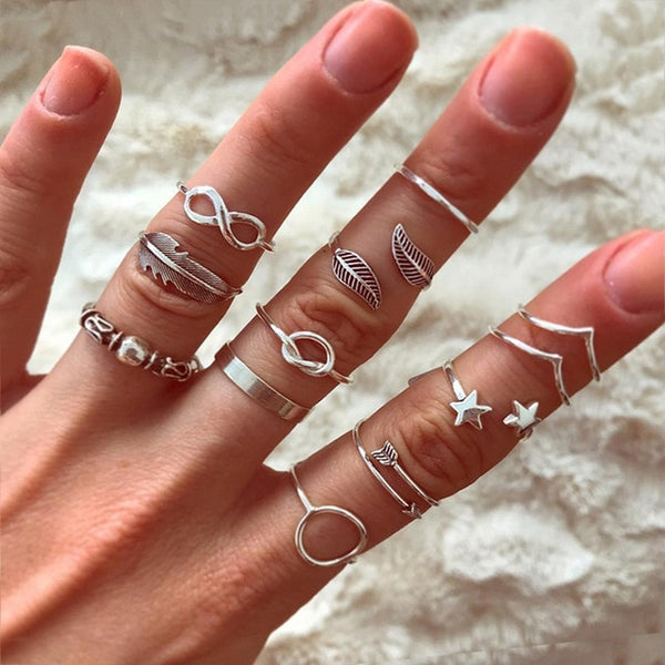15 Pcs/set Bohemian Retro Crystal Flower Leaves Hollow Lotus Gem Silver Ring Set Women Wedding Anniversary Gift
