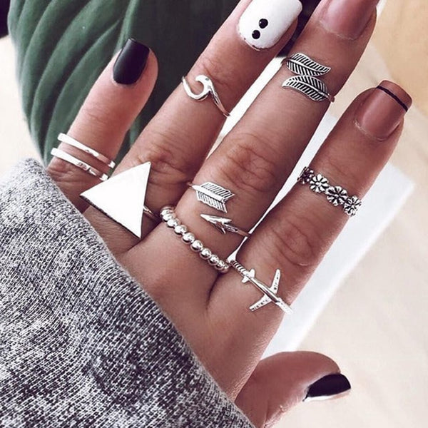 15 Pcs/set Bohemian Retro Crystal Flower Leaves Hollow Lotus Gem Silver Ring Set Women Wedding Anniversary Gift